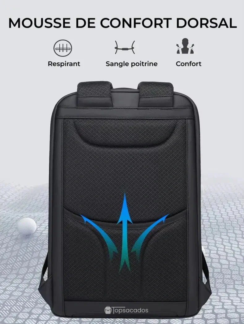 Sac a dos ordinateur portable avec dos rembourré en mousse respirante et flèches indiquant la circulation d'air, conçu pour un confort dorsal optimal.