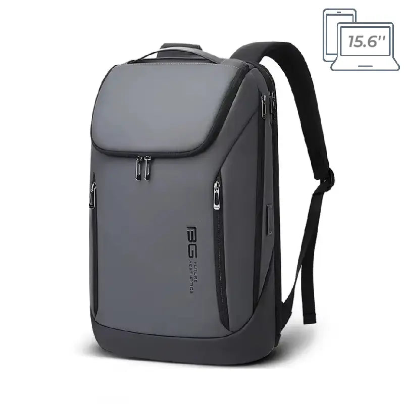 Sac a dos ordinateur portable gris avec multiples poches zippées et design moderne, posé debout sur un fond clair, parfait pour un usage professionnel.