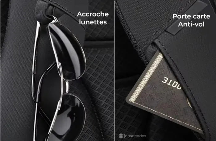 Sac a dos ordinateur portable noir avec accroche pour lunettes de soleil sur la bretelle et petite poche intégrée contenant une carte bancaire, montrant les détails pratiques.