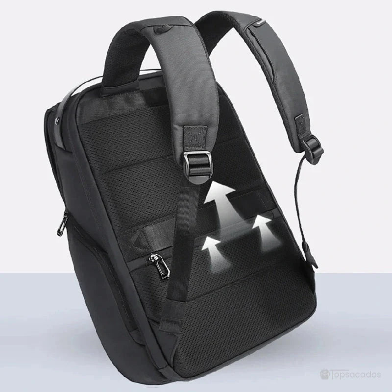 Sac à dos ordinateur portable ouverture par le dessus incliné montrant un dos rembourré et respirant avec flux d’aération illustré