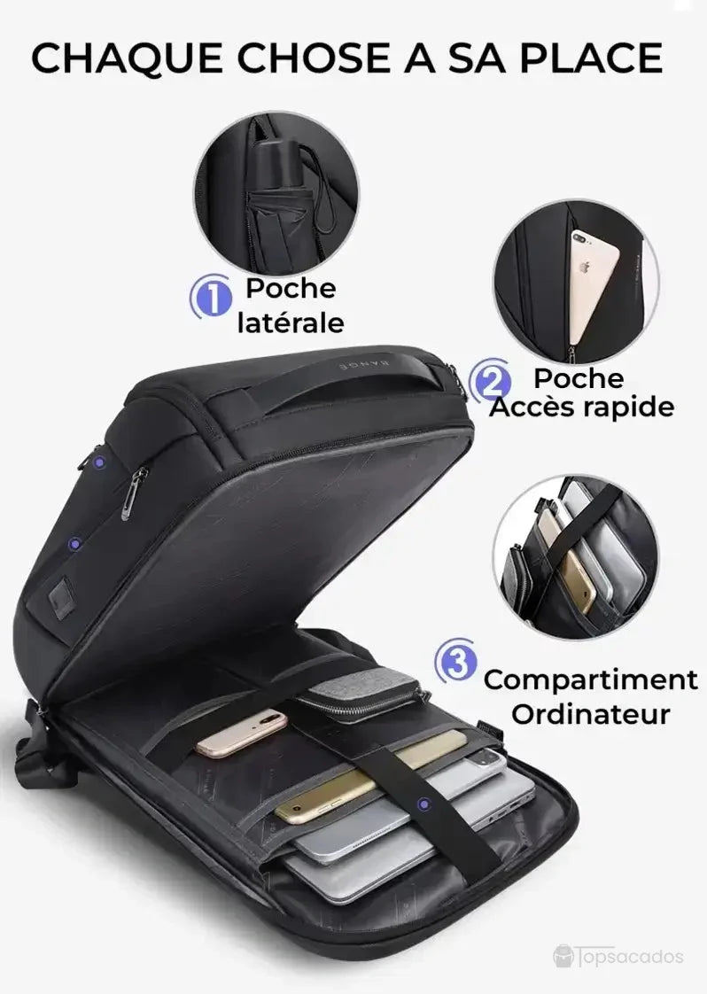 Sac a dos ordinateur portable ouvert, dévoilant trois zones de rangement : une poche latérale, une poche d’accès rapide et un compartiment sécurisé pour ordinateur.