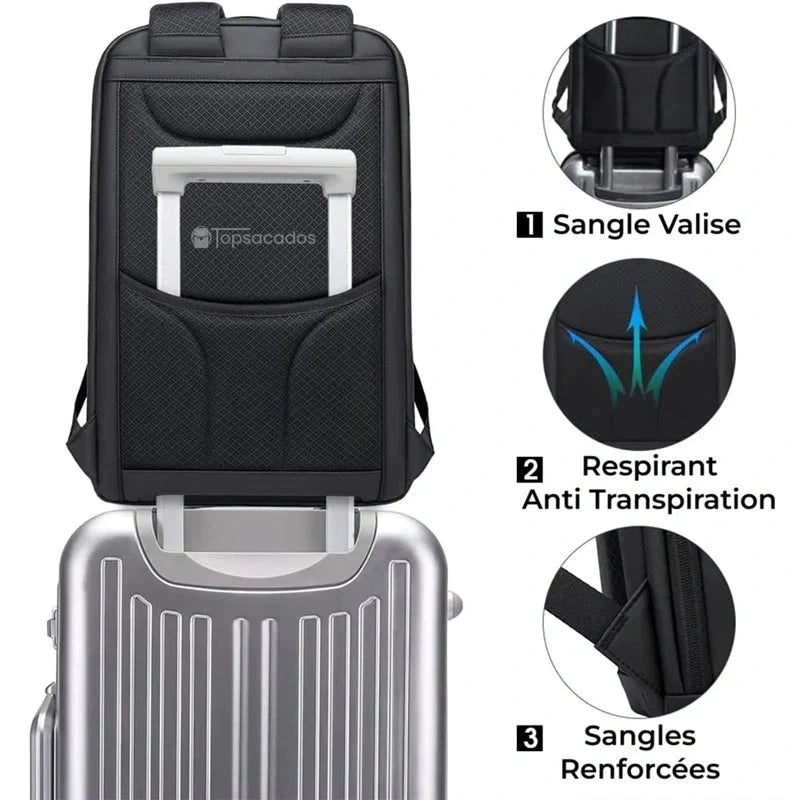 Sac a dos ordinateur portable fixé à une valise grâce à une sangle arrière intégrée, avec dos respirant et sangles renforcées pour un transport confortable en voyage.