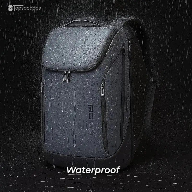 Sac à dos ordinateur portable noir, design moderne et étanche, sous la pluie, avec fermetures éclair sécurisées et logo PG – fond sombre professionnel