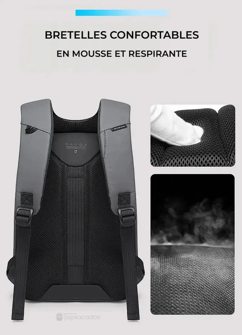 Sac à dos pc portable avec port usb vu de dos, avec bretelles larges en mousse respirante et dos matelassé, fond gris clair