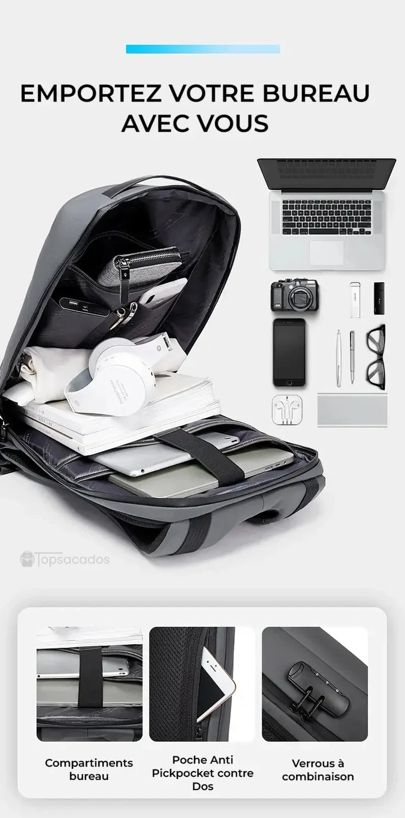 Sac à dos pc portable avec port usb ouvert et rempli d’accessoires électroniques comme ordinateur, tablette, casque et stylos, fond blanc