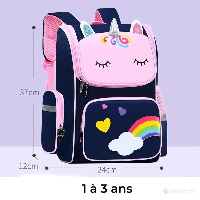 sac a dos petite section bleu marine avec motif licorne rose, corne brillante et arc-en-ciel coloré, conçu pour les enfants de 1 à 3 ans