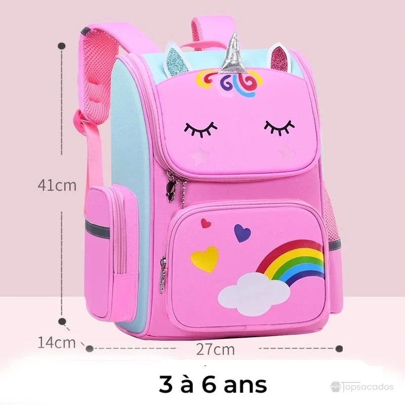 sac a dos petite section rose taille 3 à 6 ans avec grand compartiment, design licorne mignonne et poche avant illustrée d’un arc-en-ciel