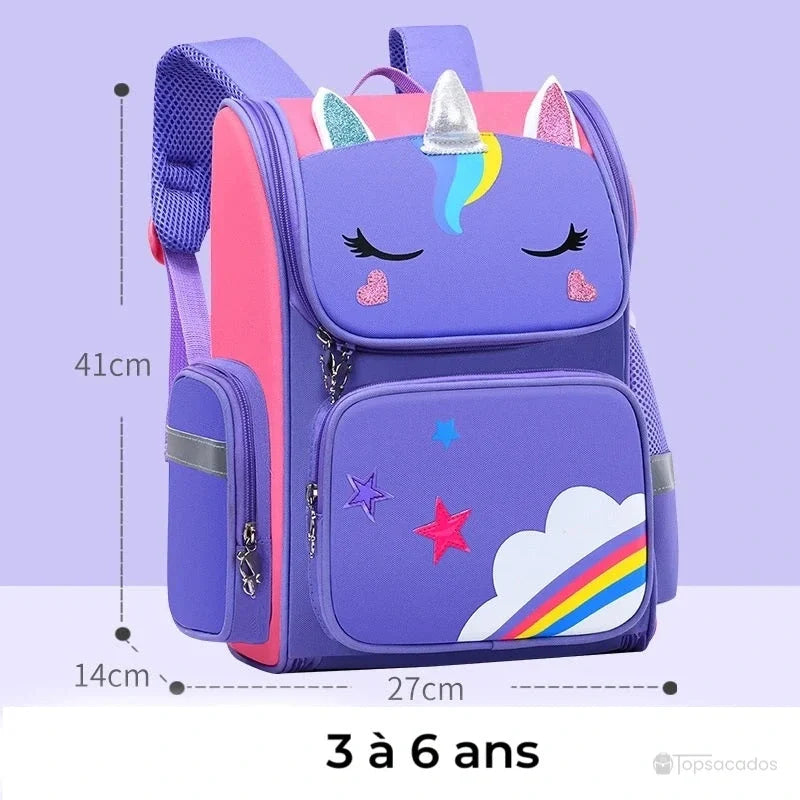 sac a dos petite section violet et rose pour enfants de 3 à 6 ans, design licorne, étoiles colorées et nuage arc-en-ciel