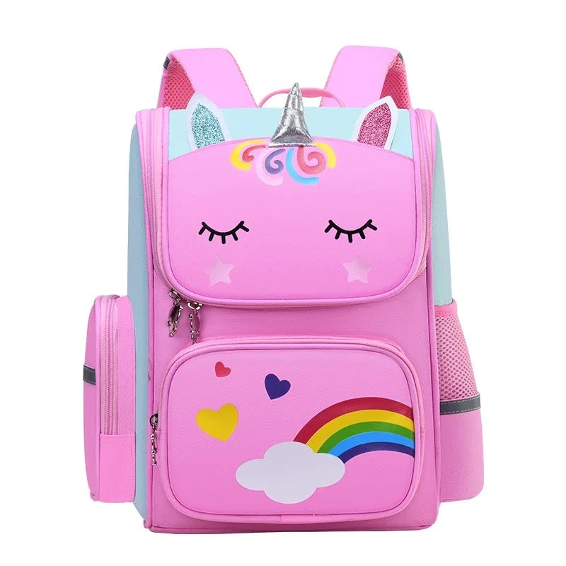sac a dos petite section rose en forme de licorne avec oreilles scintillantes, corne argentée et décor arc-en-ciel, idéal pour la maternelle