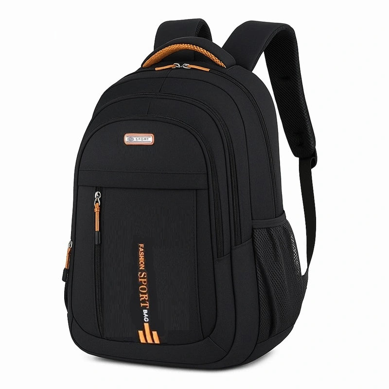 Sac a dos pour cours noir avec poignées orange, compartiments multiples et design fonctionnel sur fond blanc.