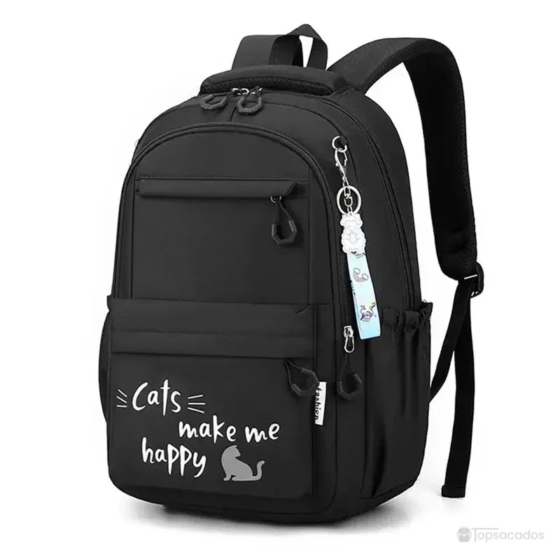 sac a dos primaire noir avec imprimé 'cats make me happy', vu de face sur fond blanc, adapté pour l'école