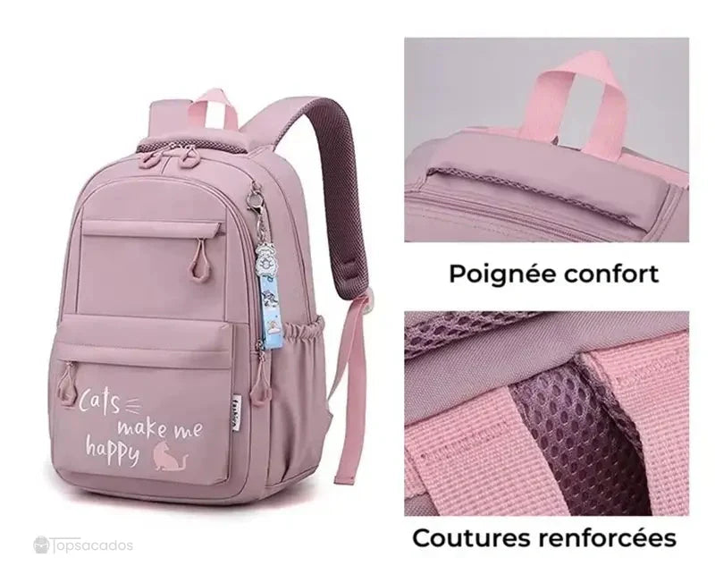 sac a dos primaire rose avec focus sur coutures renforcées et poignée rembourrée, conçu pour un confort scolaire
