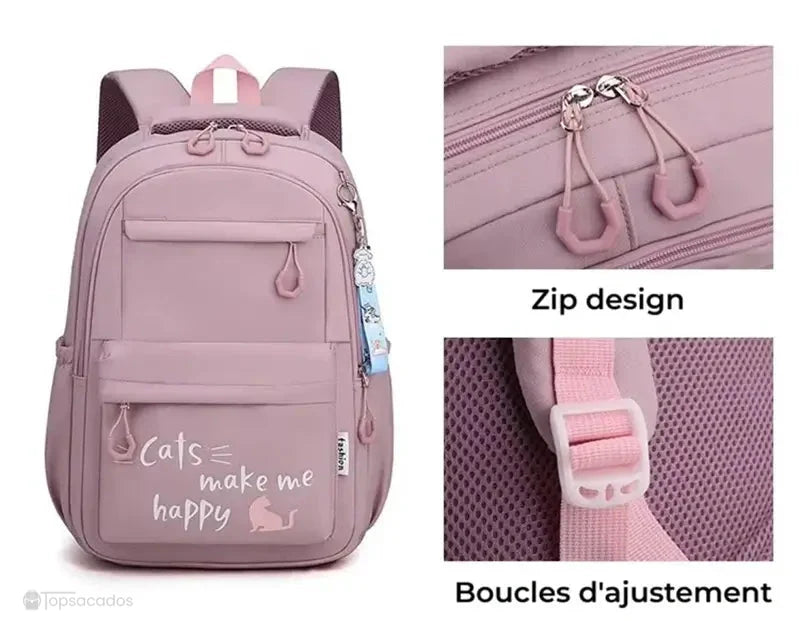 sac a dos primaire rose illustrant les détails des fermetures zippées et des boucles d’ajustement ergonomiques