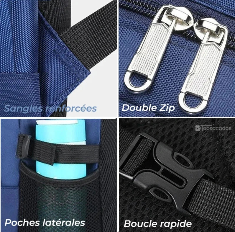 Détails du sac à dos primaire garçon montrant sangles renforcées, poches latérales, double zip et boucle rapide en gros plan