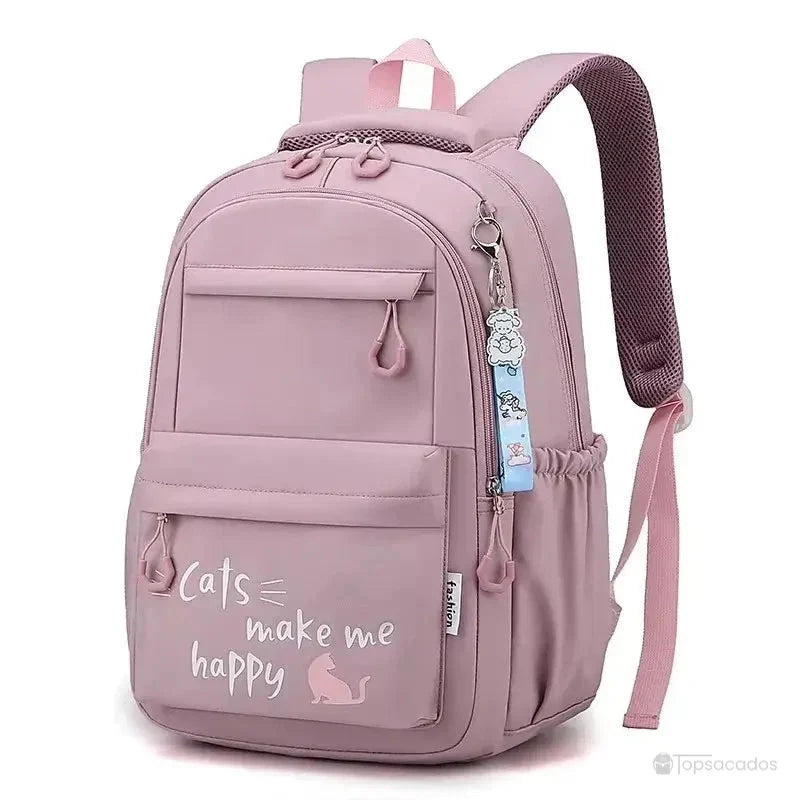 sac a dos primaire rose avec imprimé 'cats make me happy', idéal pour les enfants en milieu scolaire