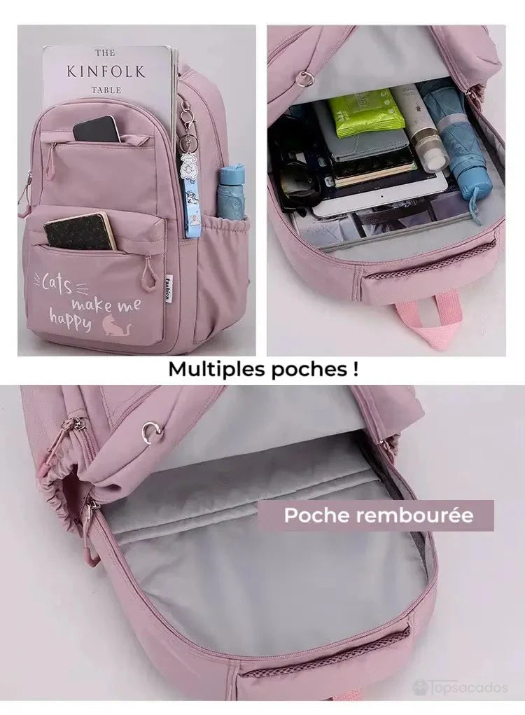 sac a dos primaire avec vue intérieure montrant plusieurs compartiments et une poche rembourrée pour tablette