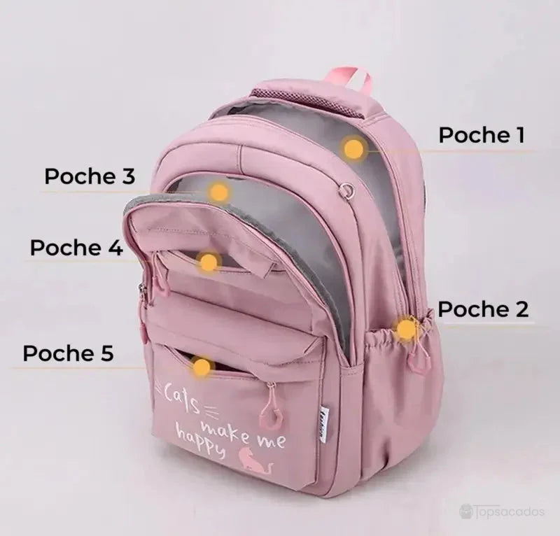 sac a dos primaire rose avec affichage des cinq poches extérieures, utile pour l’organisation scolaire