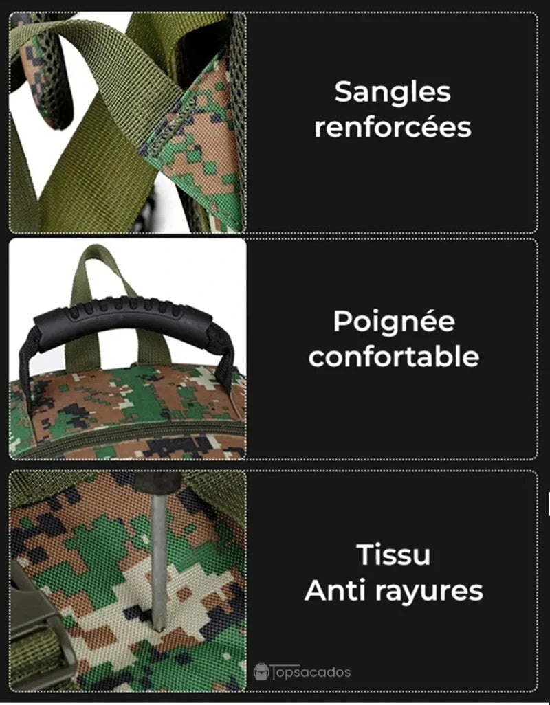 Sac à dos rando en tissu anti-rayures avec sangles renforcées et poignée supérieure confortable en gros plan