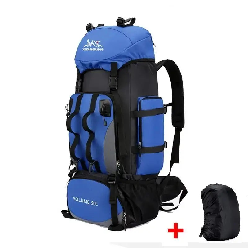 Sac à dos randonnée bleu de grande capacité 90L avec housse de pluie, idéal pour les longues excursions en montagne ou en pleine nature.