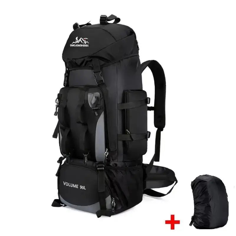 Sac à dos randonnée noir 90L avec housse de pluie incluse, offrant un design sobre et une protection optimale contre les intempéries.