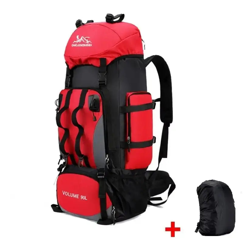 Sac à dos randonnée rouge 90L avec multiples compartiments, idéal pour les aventuriers cherchant visibilité et praticité.