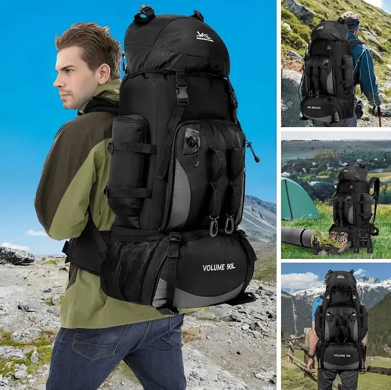 Sac à dos randonnée noir porté par un randonneur en montagne, montrant sa grande capacité et sa solidité en terrain difficile.