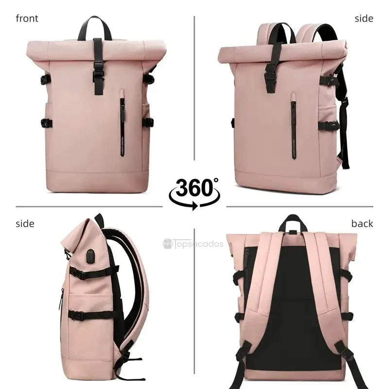 Sac a dos Roll Top pour femme rose présenté en vue 360 degrés avec quatre perspectives : face, côté droit, côté gauche et dos, montrant la fermeture roll-top, les sangles latérales réglables, la poche frontale zippée et les bretelles matelassées confortables.