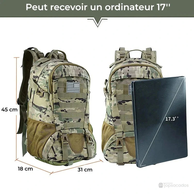 Sac à dos tactique 35 litres camouflage beige présenté avec dimensions et ordinateur portable