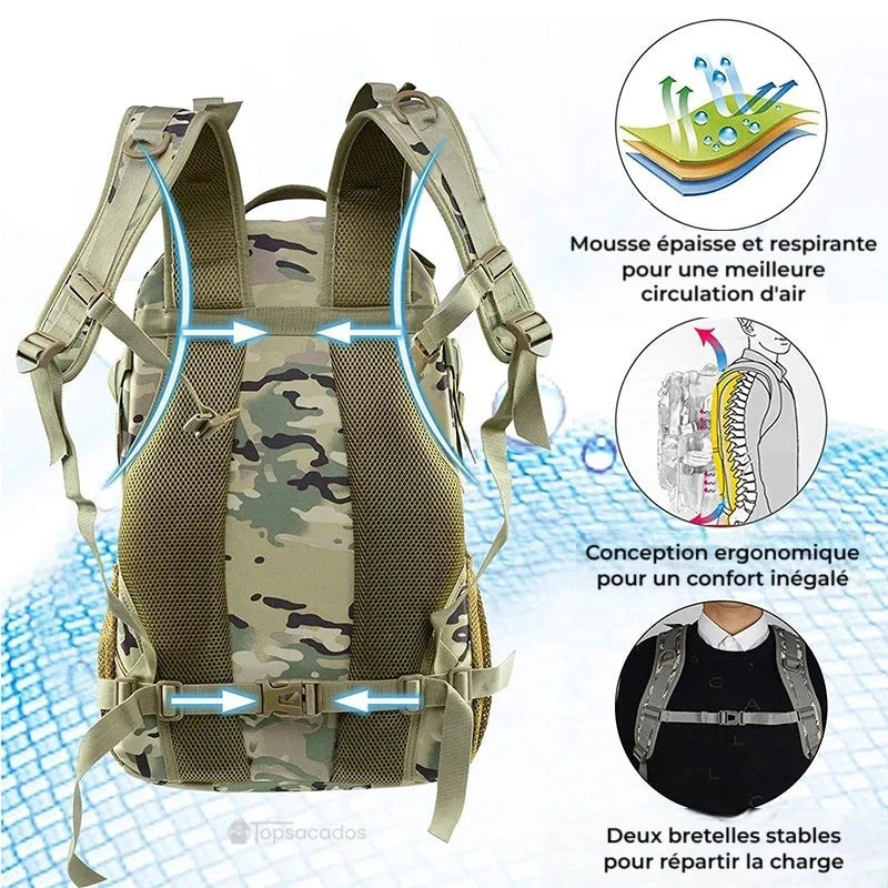 Sac à dos tactique 35 litres vue arrière avec bretelles réglables et renforts respirants