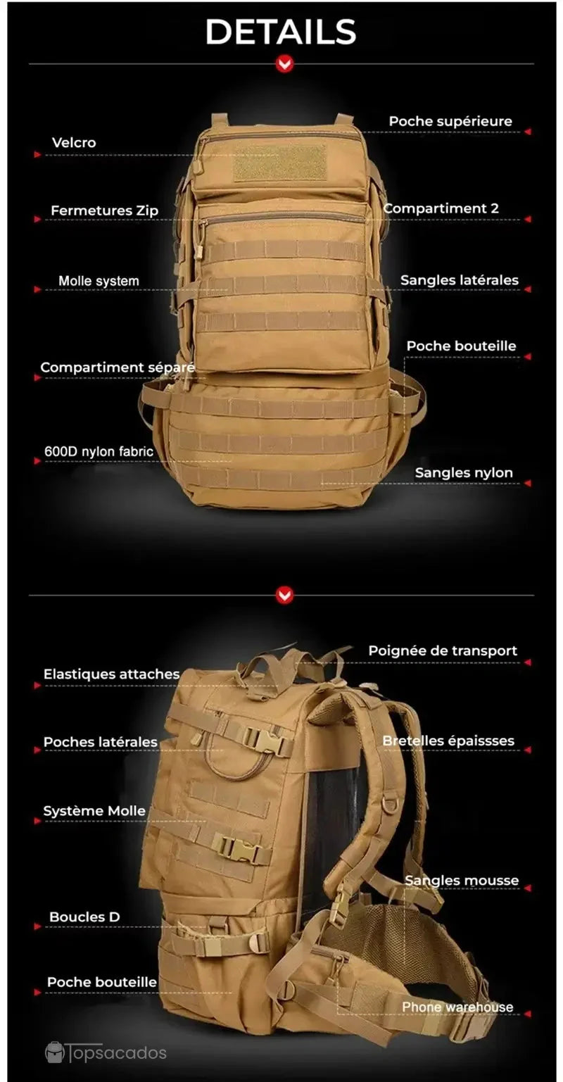 Sac à dos tactique beige présenté avec légendes des différentes poches et fonctionnalités, parfait pour une lecture technique en environnement e-commerce.
