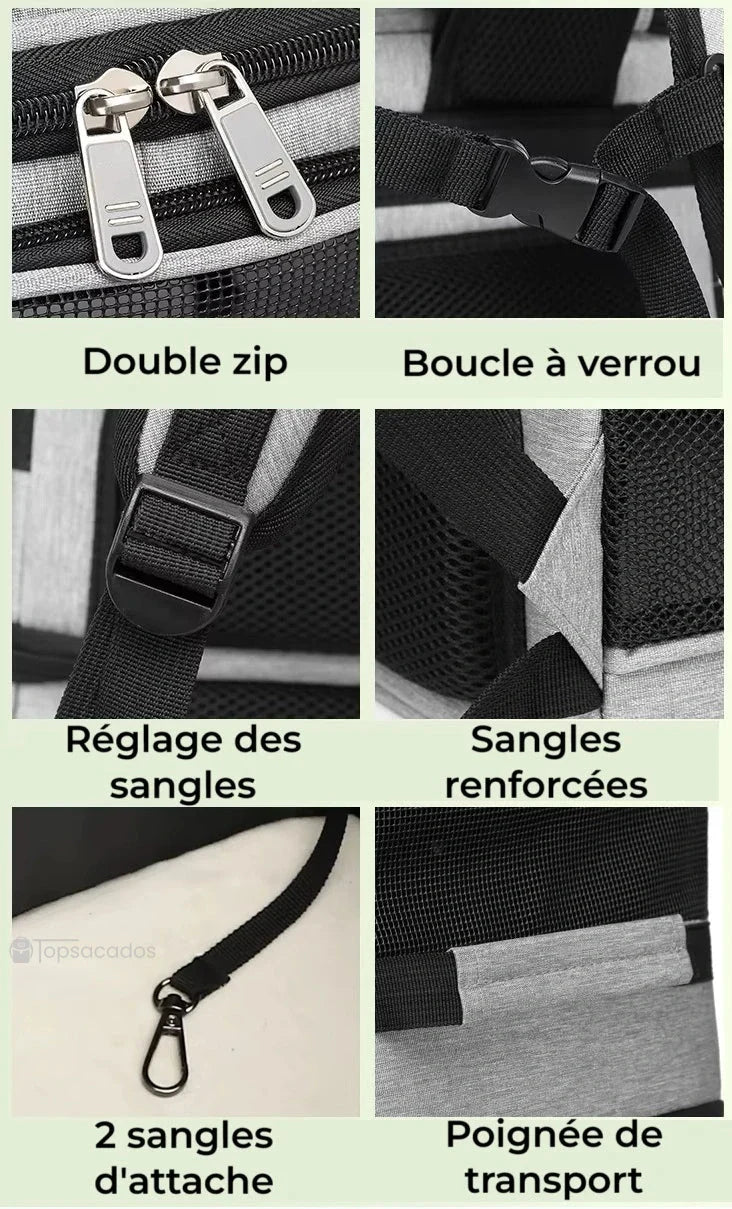 Sac à dos transport chat duo - gros plan sur les fermetures éclair, boucles de serrage, sangles renforcées et poignées du Sac, fond beige pâle.