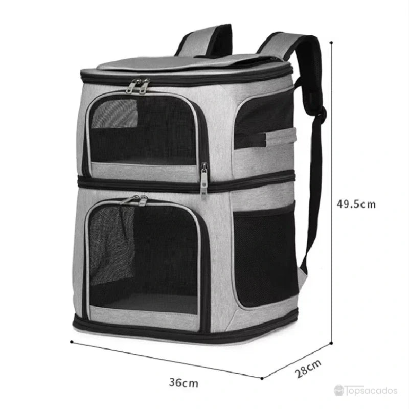 Sac à dos transport chat duo - image technique avec mesures du Sac (49,5 cm de haut), vue de biais avec les compartiments vides.