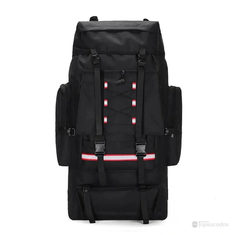 Sac à dos trekking noir grande capacité, vu de face avec sangles et détails rouges, conçu pour les expéditions en montagne.
