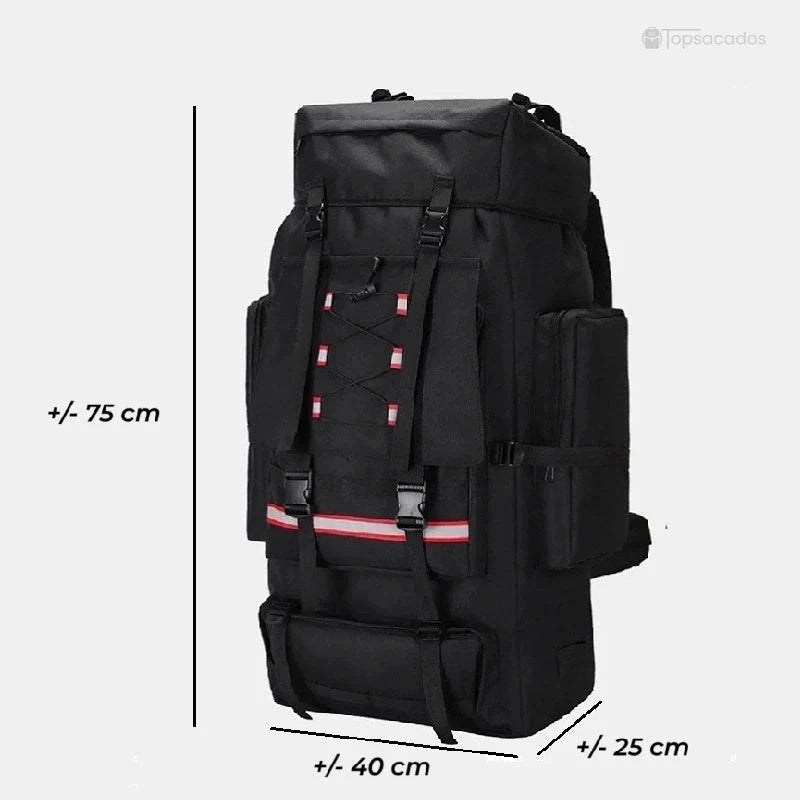 Sac à dos trekking noir avec dimensions visibles, environ 75x40x25 cm, parfait pour la randonnée et le camping.