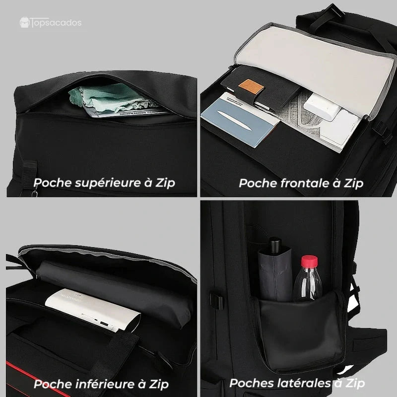 Sac à dos trekking noir avec vue détaillée des poches zippées : supérieure, frontale, inférieure et latérales.