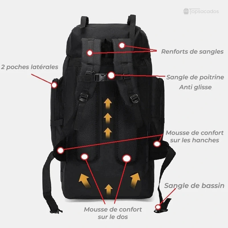 Sac à dos trekking noir vu de dos avec mousse de confort, renforts de sangles et sangle de poitrine pour un port ergonomique.