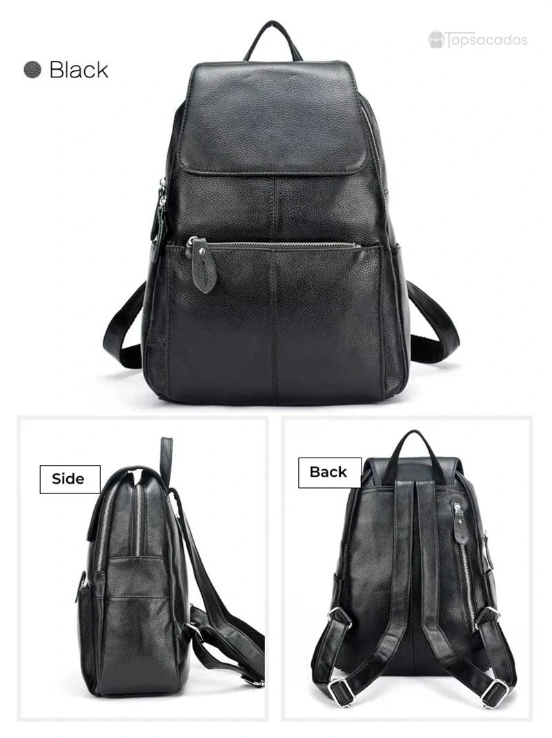 sac à dos ville femme noir en cuir, affiché sous plusieurs angles incluant le côté et le dos, mettant en valeur les bretelles et finitions métalliques