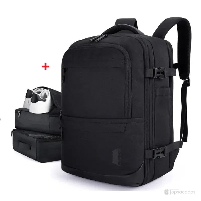 Sac à dos voyage extensible noir avec pochettes assorties pour vêtements et chaussures, conçu pour un transport organisé.