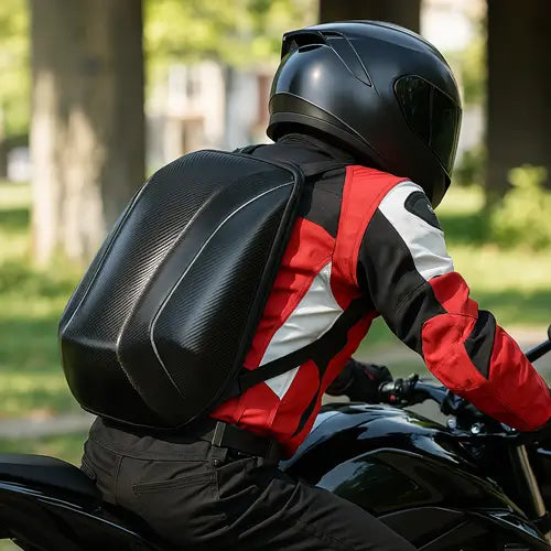 Sac à dos moto rigide noir porté par un motard en tenue rouge et noire, roulant sur une moto noire dans un environnement urbain arboré